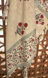 Red Flower Jute Fabric Hand Block Sofa Throw